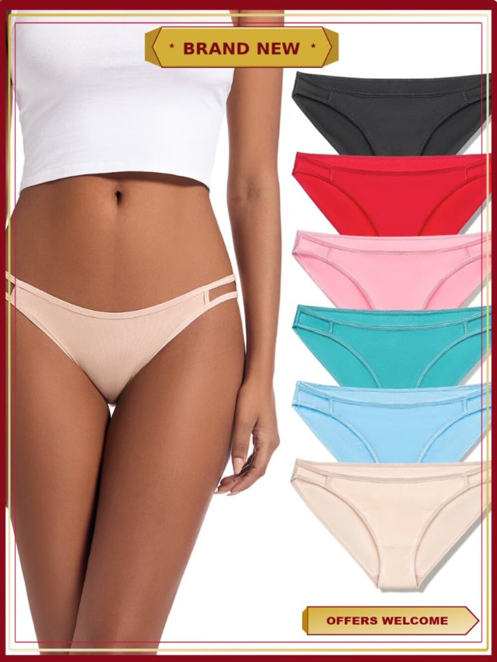 J&B Cotton String Bikini Panties 6-Pack Thong Underwear Mid-Rise Women's